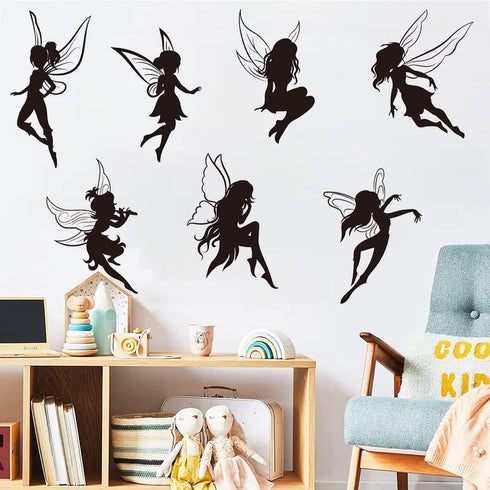 Black Fairy Girls Room Wall Decal, Cute Fairy with Large Wings Silhouette Stickers for Baby Nursery Kids Bedroom Decor