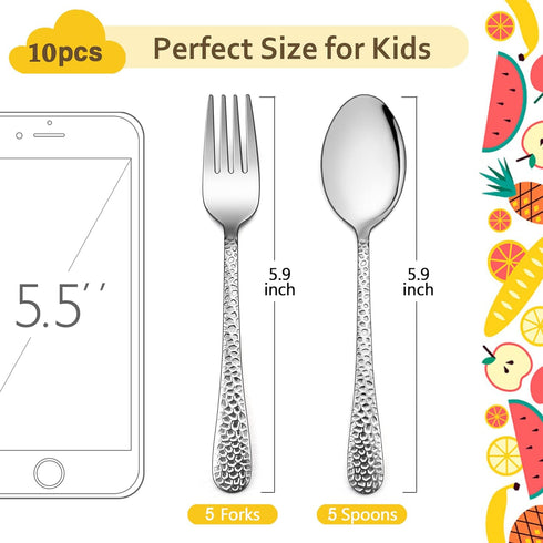 LIANYU 10-Piece Kids Silverware Set, Includes 5 Kid Spoons, 5 Kid Forks, Stainless Steel Toddler Utensils Children Flatware Set, Child Preschooler Cutlery Set, Dishwasher Safe by LIANYU