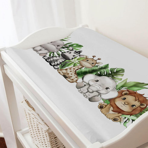 Tropical Jungle Safari Animals Changing Pad Covers, Lion Elephant Giraffe Zebra Hippo, 32"x16" Soft Sheets