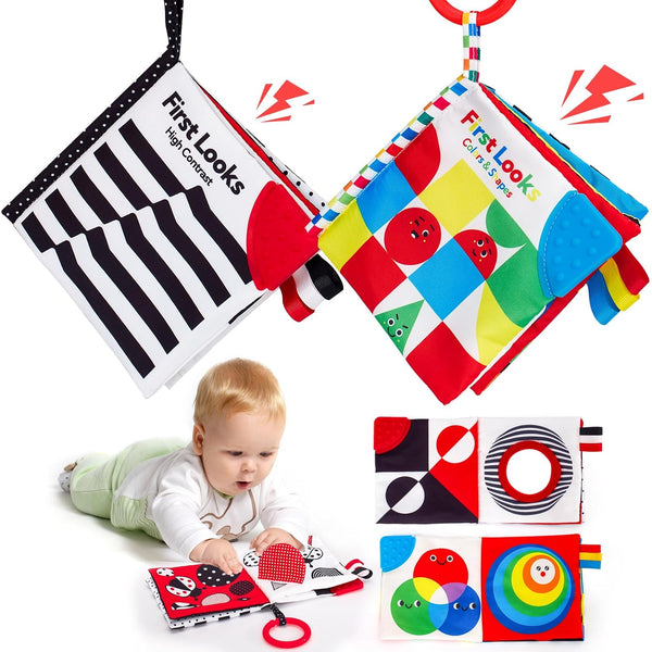 hahaland Baby Books 0-6 Months - 2PCS Infant Toys, Tummy Time High Contrast Visual Development Sensory Baby Book