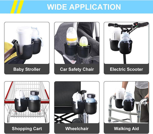 JINKEY Universal 360°Rotation Dual Cup Holder for Baby Stroller, Adjustable 2 in 1 Attachment for Bike