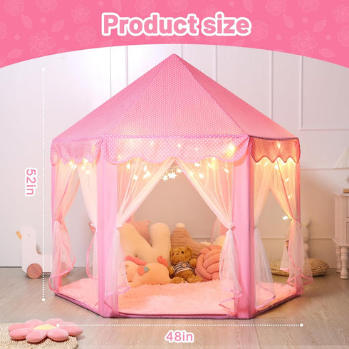 Princess Tent for Girls Indoor with Rug and Star Lights, Pink Play Tent for Kids, Castle Playhouse
