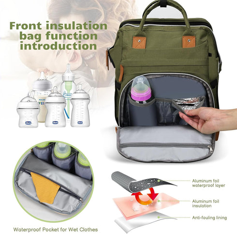 Backpack Diaper Bag for New Parents, Large Capacity Baby Travel Bag with Bottle Holders, Multiple Compartments (Green)