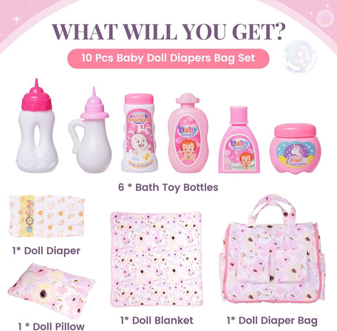10 Set, Set 2-in-1 Set BABESIDE Pcs Baby Doll Diaper Bag Reborn Baby Doll Accessories with Diaper Bag Changing Pad