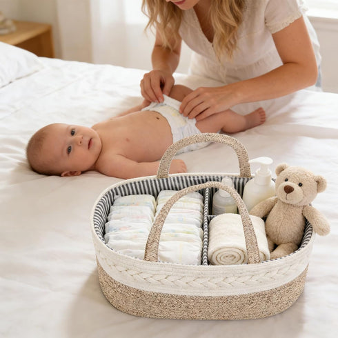 Diaper Caddy Organizer, Cotton Rope Baby Basket for Nursery and Changing Table, Portable Diaper Caddy with Removable