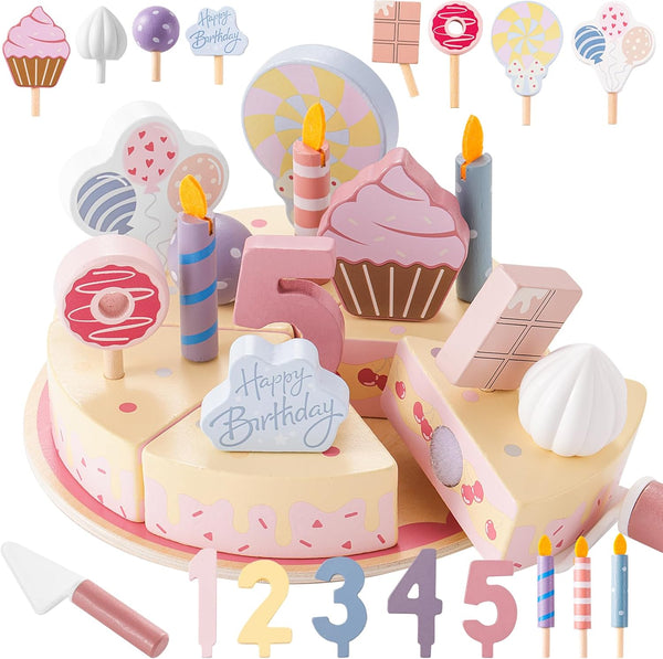 Birthday Party Cake Toys, Wooden Play Food Set for Kids Toddlers, Play