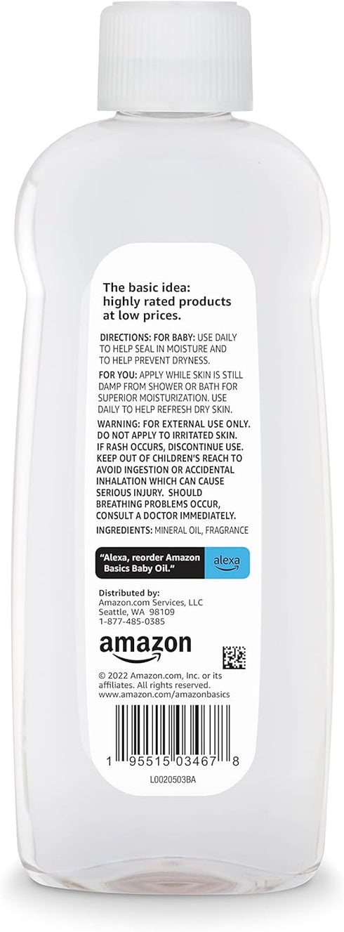 14 oz, 4-Pack Amazon Basics Baby Oil, Mild & Gentle, Dermatologist Tested, Prevents Moisture Loss, Dry Skin Relief, fl