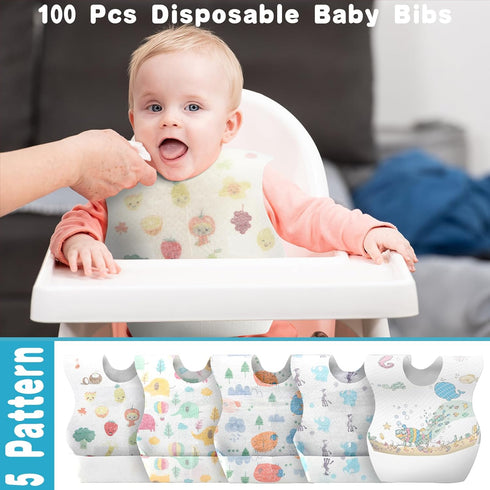 100 Shinymoon Pcs Disposable Baby Bibs Individual Wrapped Travel Bibs Waterproof Food Catcher for Toddlers Girls Boys