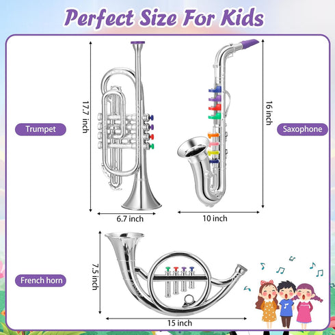 Treela Set of 3 Musical Instruments, Saxophone Trumpet and Horn for Beginners, Colorful Keys Coded for Boys Girls