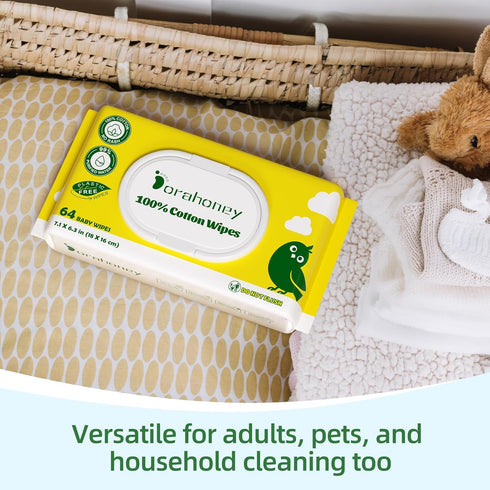 100% 99% 768 Count (12 Packs 64) USA Cotton Baby Wipes for Sensitive Skin, Purified Water Unscented Wet Wipes