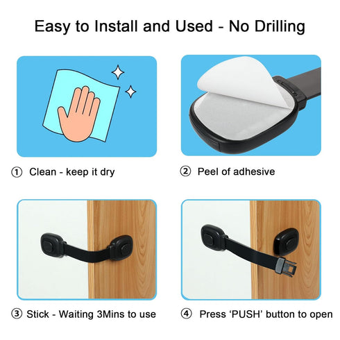 Fursafe&Q Cabinet Locks Baby Proofing, Child Safety Strap Locks Adhesive Black - Child Proof Fridge Lock Drawer Door