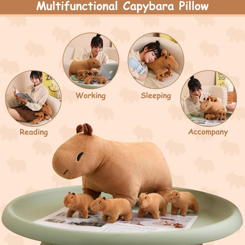 SQEQE Capybara Mommy Plush with 4 Cute Babies, Super Soft Capybara Stuffed Animals for Gift