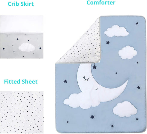 Set, 3 Set, La Premura Sleeping Moon Baby Nursery Crib Bedding Piece Standard Size Crib Bedding Blue and Grey