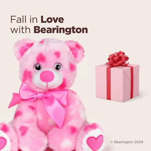 Bearington Collection Heart Teddy Bear Plush, 8.5" Pink Heart-Printed with Satin Bow & Pocket