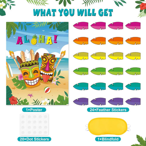 WERNNSAI Pin The Feather on The Tiki Party Game, Hawaiian Luau Supplies for Kids with Aloha Poster