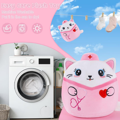 8-Inch Nurse Cat Stuffed Animal, Pink Cat Plush Toy with Stethoscope Embroidery, Cute Cat Plushie Pillow Gifts