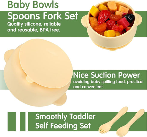 CHENGU 12 Set Pcs Silicone Bowl with Suction for Baby Toddler with Suction Plate, Spoon and Fork, Divided Design Baby