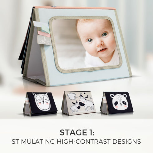 Soft Tummy Time Book with Baby Safe Mirror - High Contrast Montessori Toy with Crinkle Filling & Teether