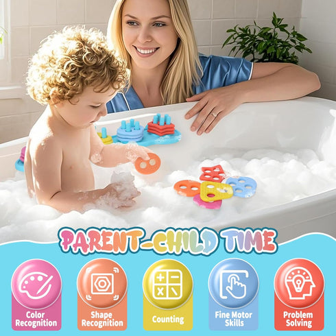 Set 20 Baby Bath Toys, Mold Free Silcone Shape Sorting & Stacking Bath Toy with Textured Floating Pieces, No Hole