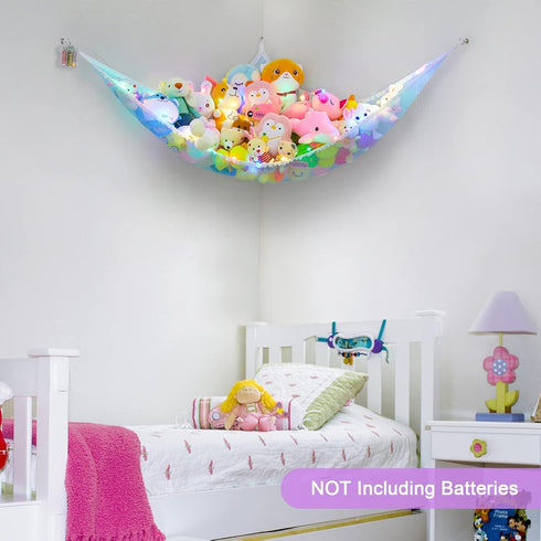 Stuffed Animals Hammock - Kids Toy Storage with LED Light Unicorn Castle Plush Organizer for Nursery