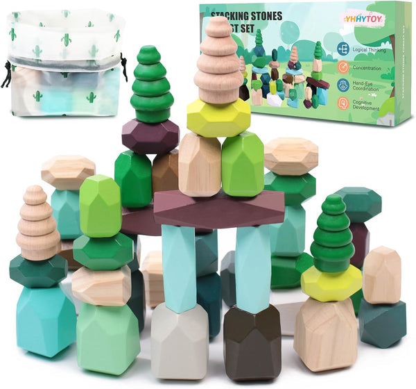 40 PCS Wooden Stacking Rocks Building Blocks, Forest Theme Sensory Learning Montessori Toys for Kids
