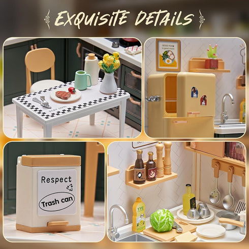 126Pcs Set 1:24 8+, Miniature Kitchen DIY House Kit Cooking Room Furniture with Plug-in LED Light & Modular Base, Scale