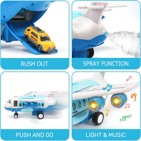 CUTE STONE Toy Airplane with Smoke, Sound and Light, Friction Powered Airplane with Mini Cars, Great Gift