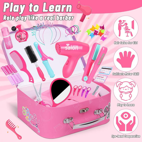 Gifts2U Playset Set Hair Salon Toys for Girls, Girl Beauty Salon Pretend Hair Styling with Blow Dryer, Barber Costume