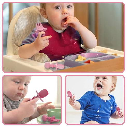 Silikong Silicone Utensils, Baby Fork and Spoon Set for Training, Ages 6 Months (Pink)