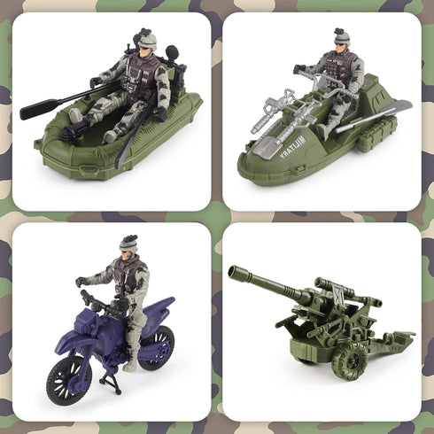 Set: 5 3-5 deAO Military Vehicles Toy Combat Boat, Helicopter, Tank Toy with Army Men Figures, Accessories - Great Army