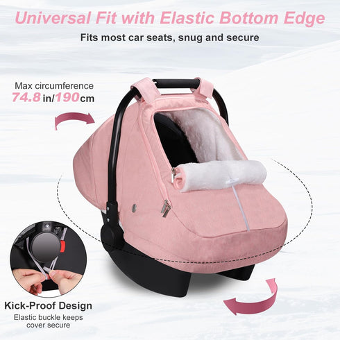 Winter Car Seat Cover for Baby Girl, Waterproof Infant Carseat Cover with Warm Plush Lining & Dual Zippers, Universal