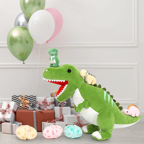 Tezituor Giant Dinosaur Stuffed Animal, 23.6'' Big T-Rex Mommy Plush Toy with 3 Baby Dinosaurs & Egg Bags