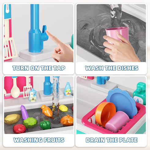 3-5 Doloowee Color Changing Kitchen Sink Toys,Electric Dishwasher Playing Toy Play Sink for Kids with Running
