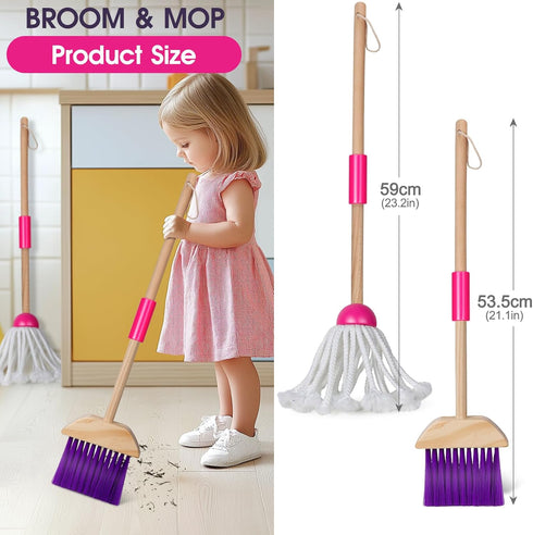 8 Set,Wooden Masthome Pieces Kids Cleaning Cleaning Toys for Kids Broom Dustpan Mop Brush Duster Rag Sponge and Hanging