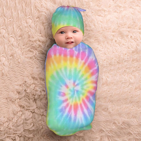 Norchzi Set Tie Dye Newborn Swaddle Blanket with Hat Baby Stuff Receiving Blankets Soft Transition Sleep Sacks Gifts
