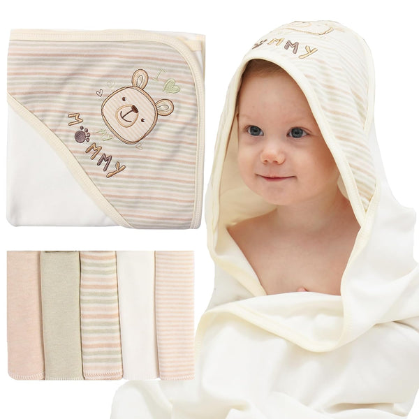 6-Pack Organic Cotton Baby Bath Set - Embroidered Hooded Towel & 5