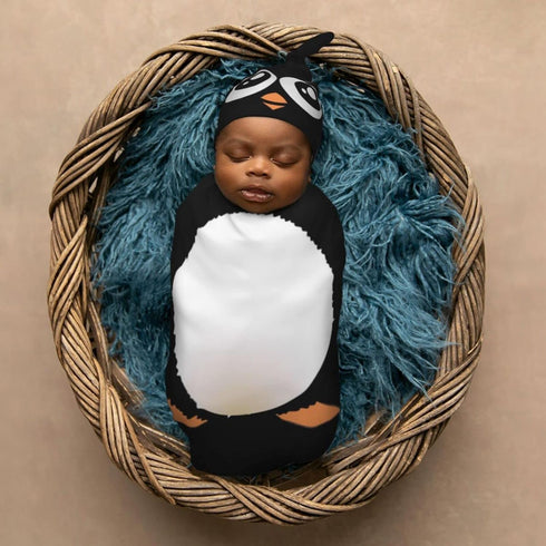 Cute Penguin Newborn Swaddle Blankets Hat Sets, Soft Baby Receiving Blanket Swaddle Sack Gift for Infant Boy Girl