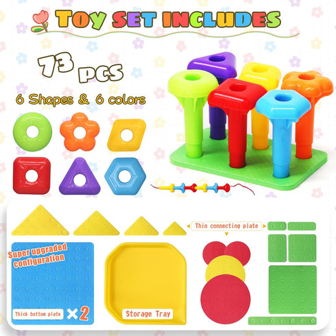 set 73Pcs 3-6 Peg Board Toy DIY Building Stacking Toys for Kids Years Old,STEM Educational Kids Toy for Brain