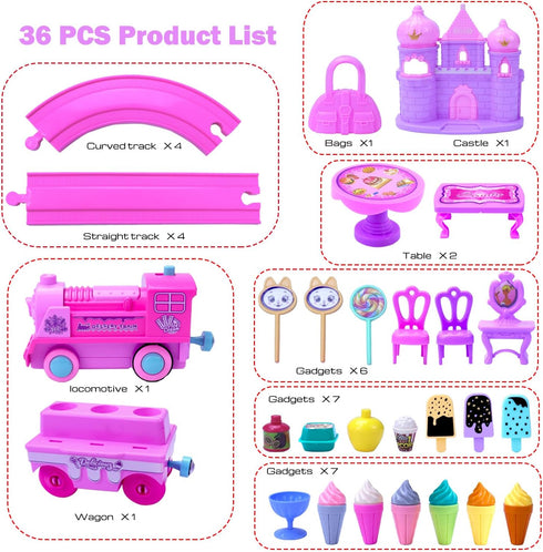 wagkew Set 2 3 4 5 6 7 Set Tracks Car Toys for Age Year Girls Toddler, Pink Princess Train Toys for Kids with Light