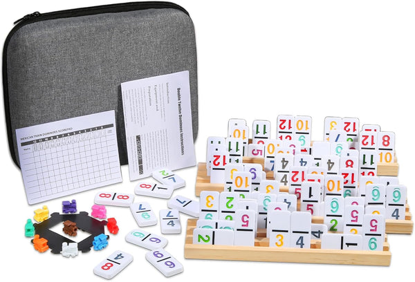 JOYOUSLIFE Mexican Train Numbers Dominoes with 4 Wood Trays, Color Double 12 Numerical