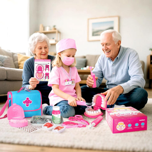 3-5 4 ULOVEME Pink Doctor Kit for Toddlers with Costume - Dentist Kit for Kids with Teeth Model /Removable Teeth