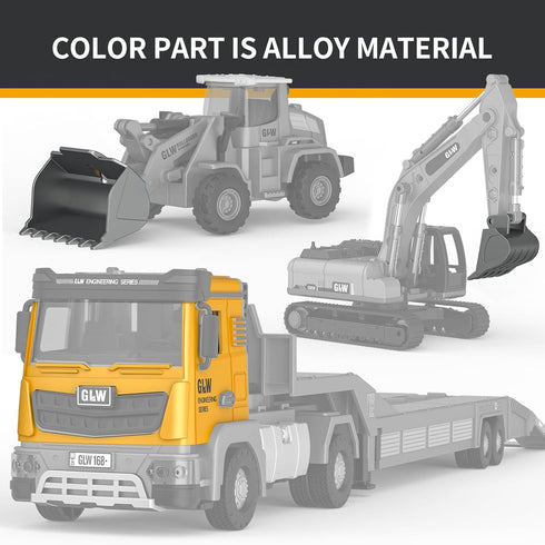Kids Toys for 3-7 Years Old Boys - Die-cast Construction Toys Set with Semi Truck, Excavator, Bulldozer, Alloy Vehicles