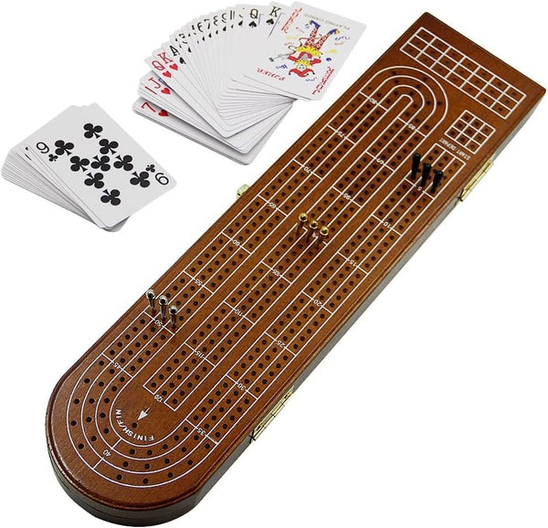 Juegoal Wood Cribbage Board Game Set - 3 Tracks with Metal Pegs, Cards, and Storage Area