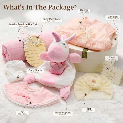 Set 9PCS, 0-9 TUZT Newborn Baby Girl Gift Baby Shower Gift Box with Onesie Blanket Hand Puppet, Newborn Essentials
