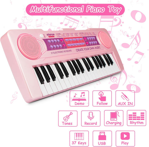37 Keys Kids Piano Keyboard Toys with Microphone, Learning Educational Toddler Keyboard for Ages 3-8 (Pink)