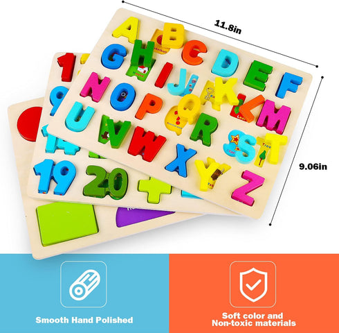Wooden Puzzles for Toddlers, Voamuw Alphabet Number Shape Learning Puzzle for Kids Ages 3-5, Montessori Educational
