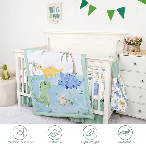 4-Piece Set Set TANOFAR Crib Bedding for Baby Boys, Blue Dinosaur Nursery Bedding Includes Comforter, Fitted Crib