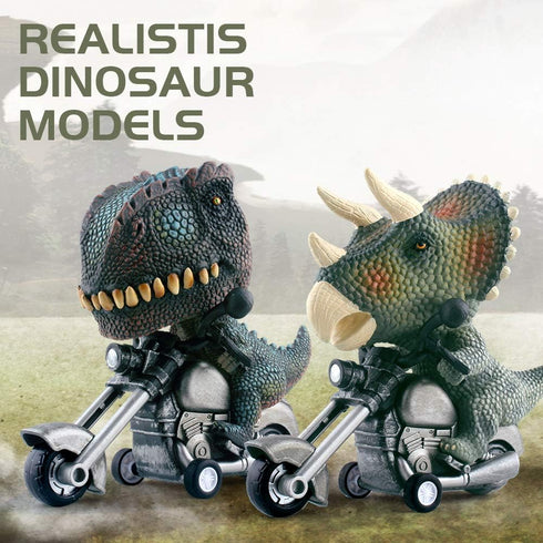 DINOBROS Dinosaur Toy Cars 2 Pack, Friction Powered Motorcycle Game with T-Rex and Triceratops