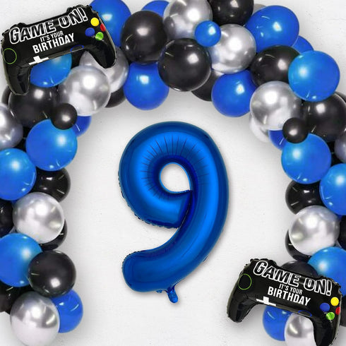 Navy Blue Video Game Party Supplies - 2 Packs Game On Balloons with Dark Blue Number 9 Balloon for 9th Birthday