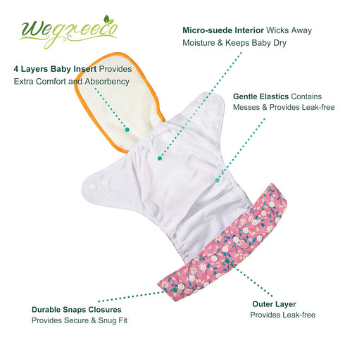 6 Pack Wegreeco Cloth Diapers with Inserts & Wet Bag, Washable Reusable Diapers for Babies, One Size Adjustable